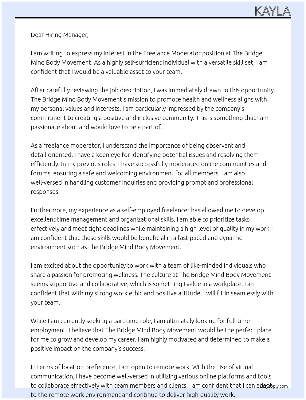 Freelance Moderator At The Bridge Mind Body Movement Cover Letter