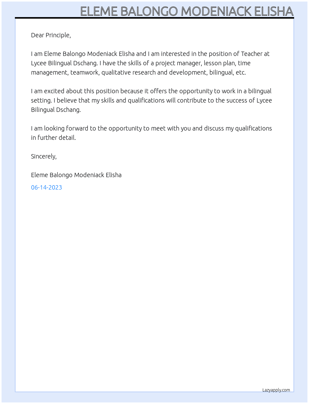 Teacher  At Lycee Bilingual Dschang  Cover Letter