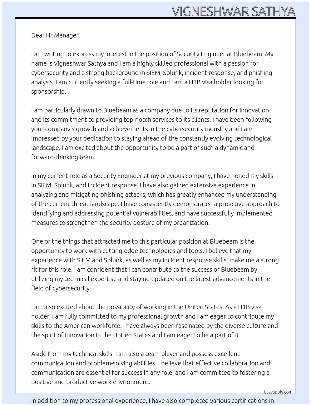 Security Engineer At Bluebeam Cover Letter