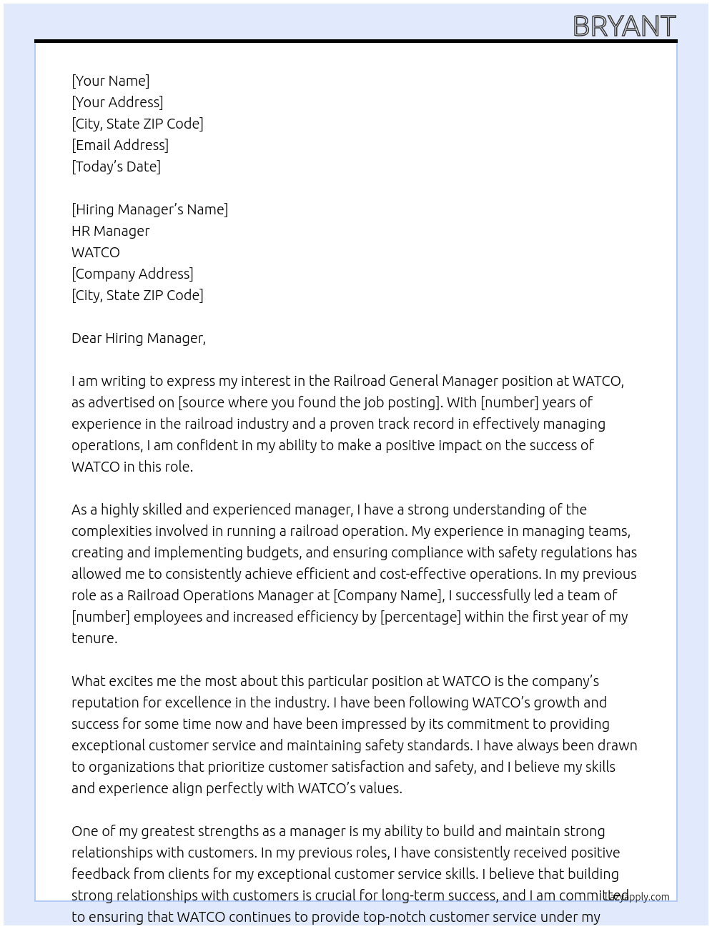 Railroad General Manager  At WATCO Cover Letter