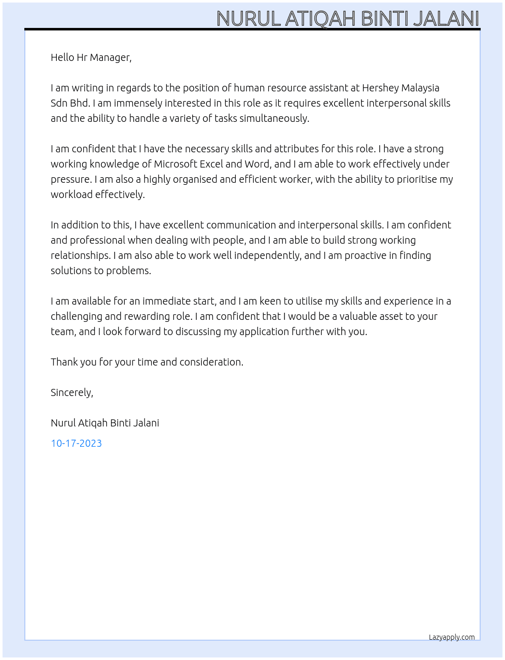 Human resource assistant  At Hershey Malaysia Sdn Bhd Cover Letter