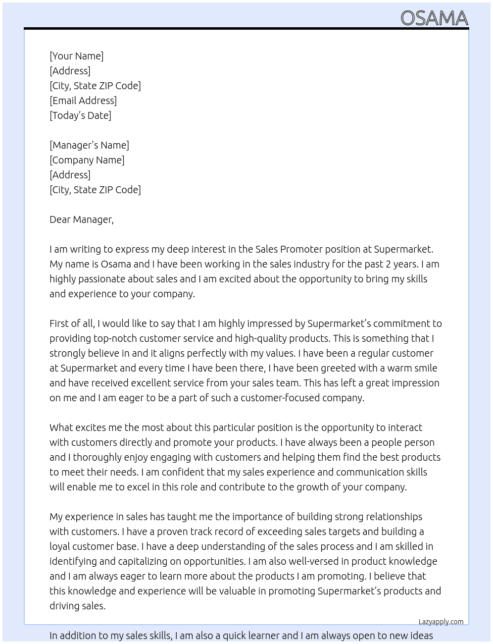 Sales promoter At Supermarket Cover Letter