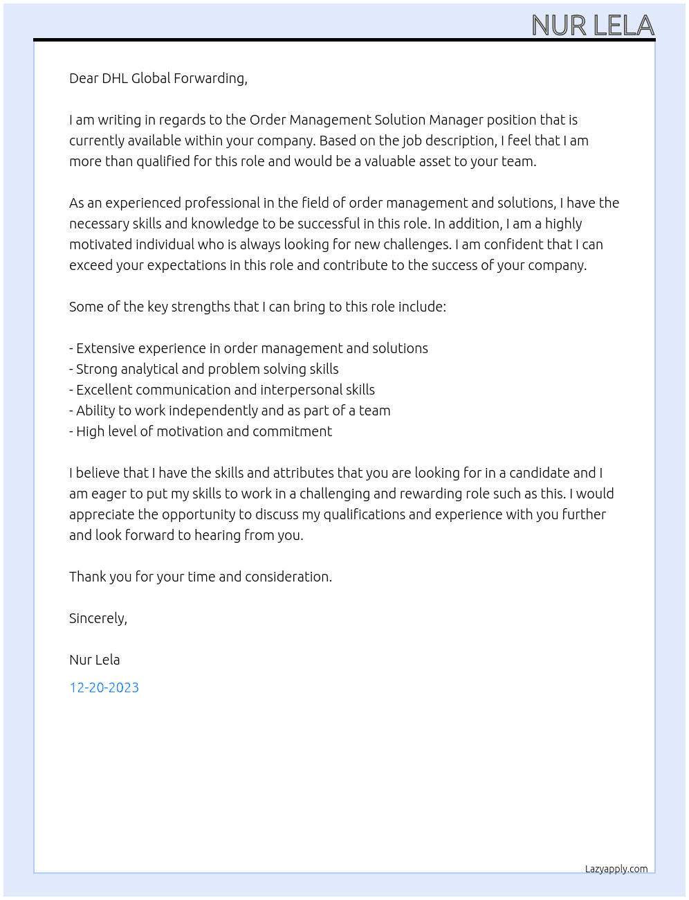 Order Management Solution Manager At DHL Global Forwarding Cover Letter