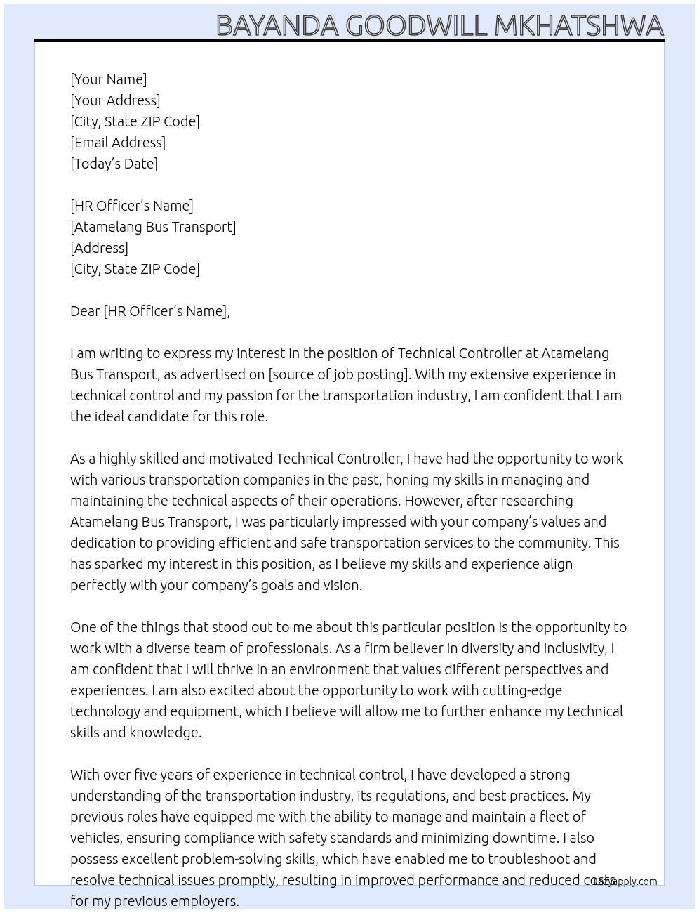 Technical controller At Atamelang Bus Transport Cover Letter