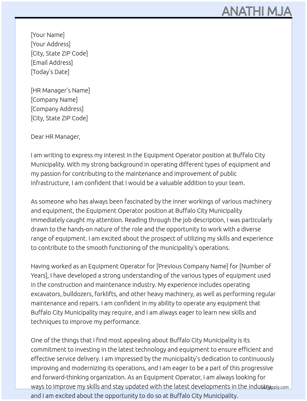 Equipment Operator At Buffalo City Municipality  Cover Letter