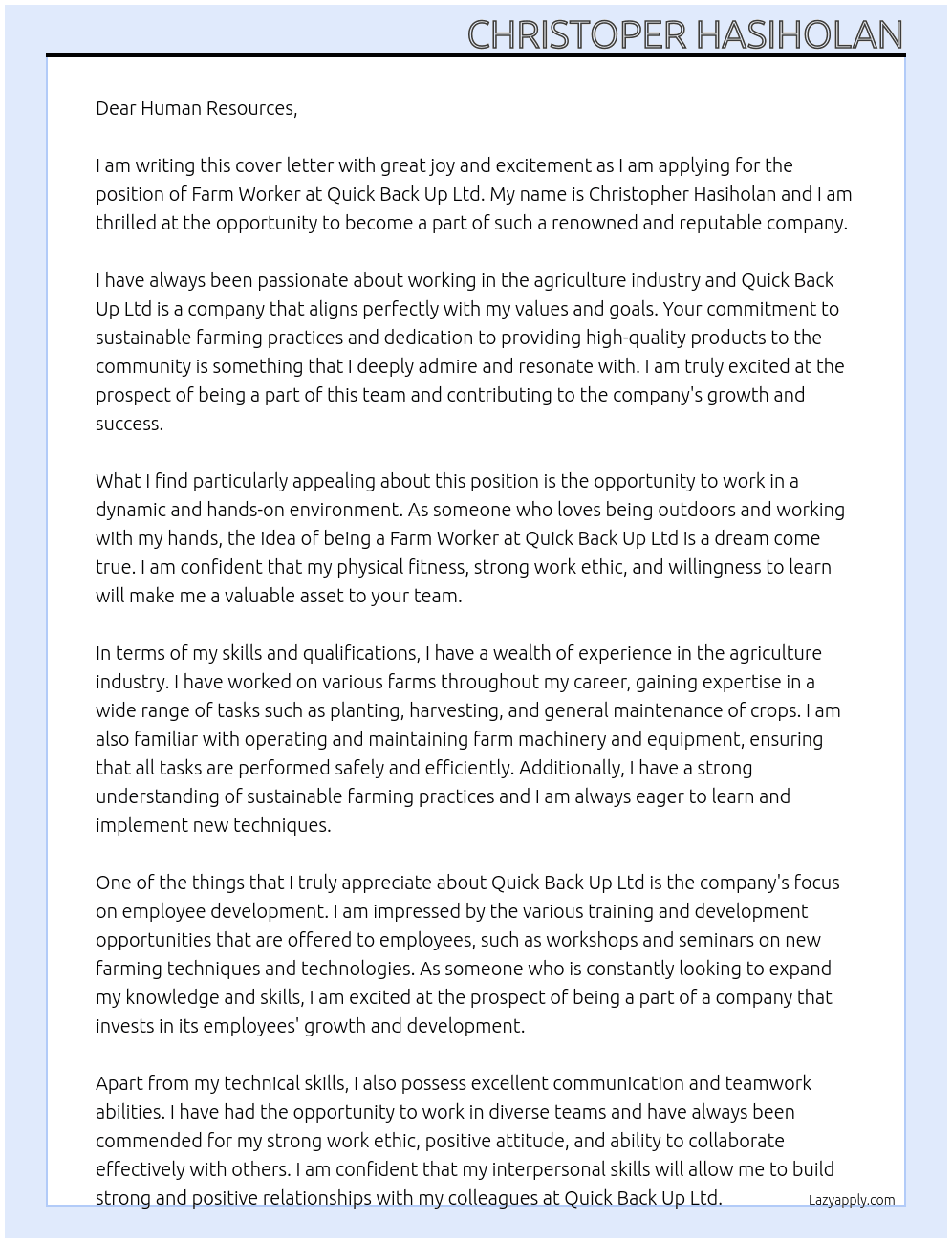 Farm Worker At Quick Back Up Ltd Cover Letter