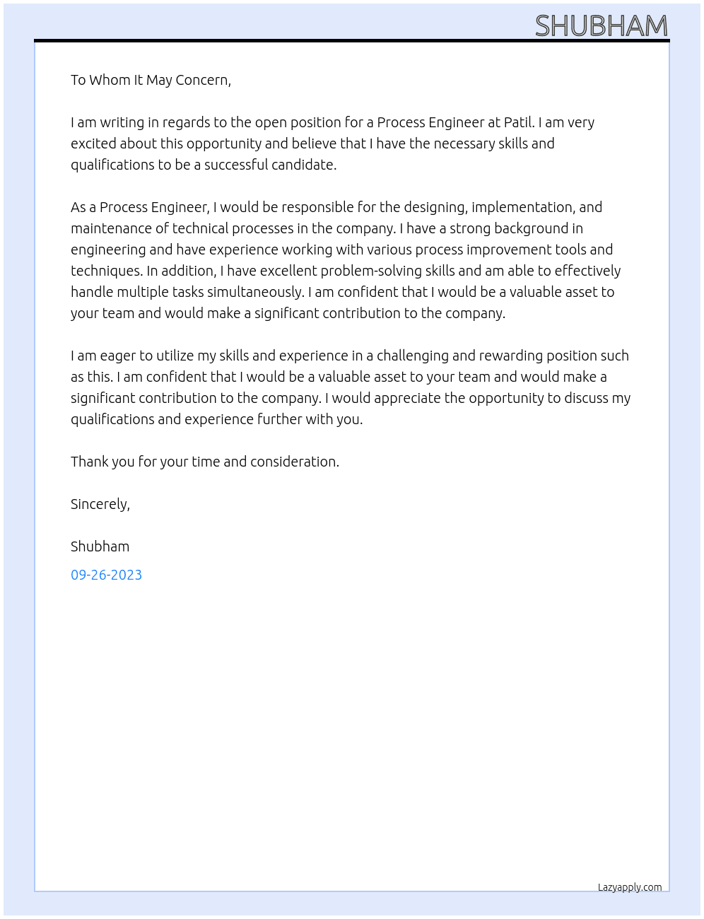 process engineer At Patil Cover Letter