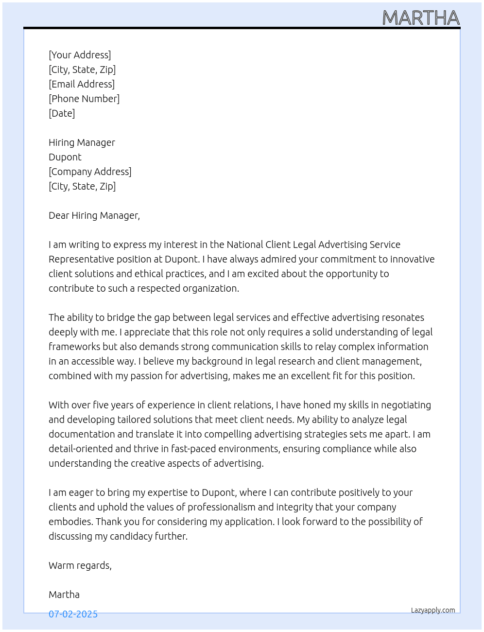 Cover letter for national client legal advertising service representative - LazyApply
