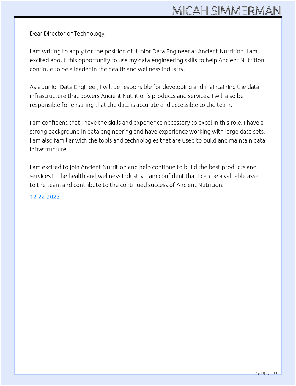 Junior Data Engineer At Ancient Nutrition Cover Letter