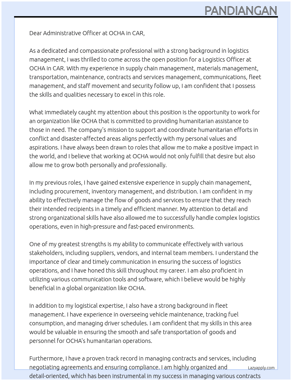 Logistics Officer At OCHA in CAR Cover Letter
