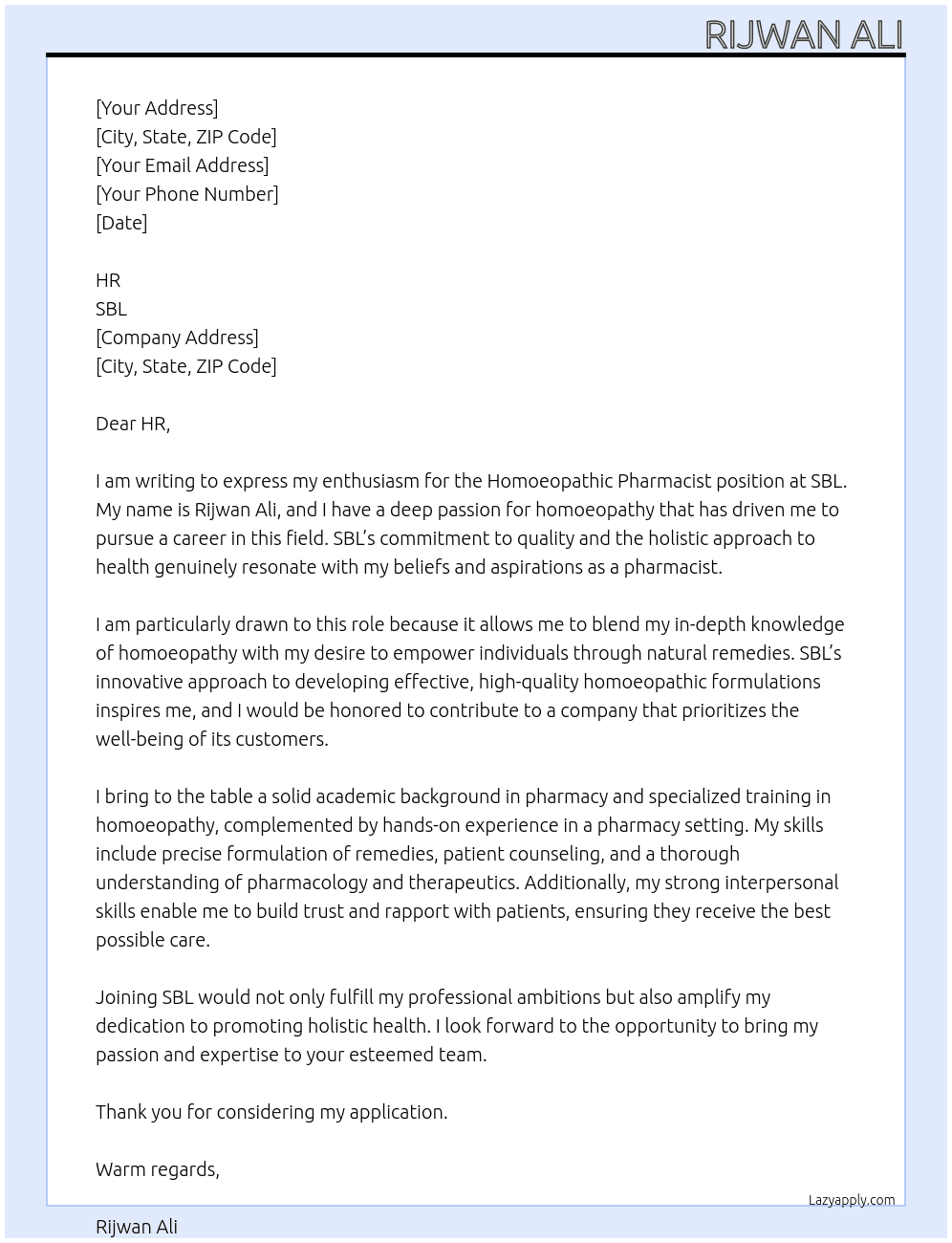 Homoeopathic pharmacist  At SBL Cover Letter