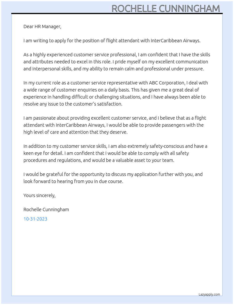 Flight attendant  At InterCaribbean Airways Cover Letter