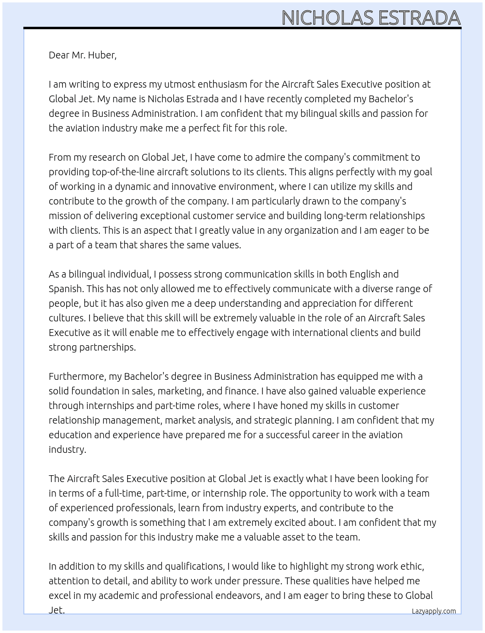 Aircraft Sales Executive At Global Jet Cover Letter