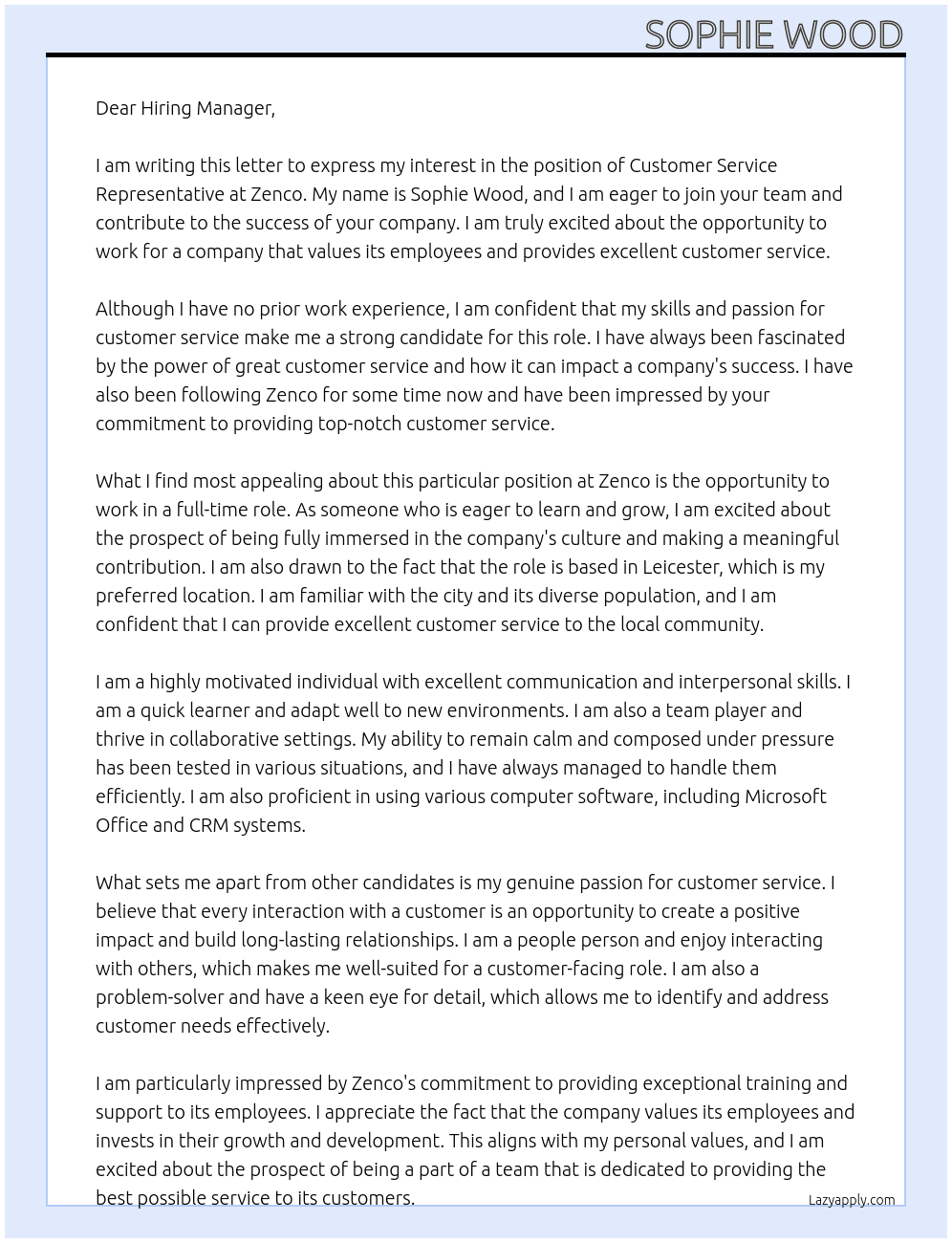 Customer Service Representative At Zenco Cover Letter