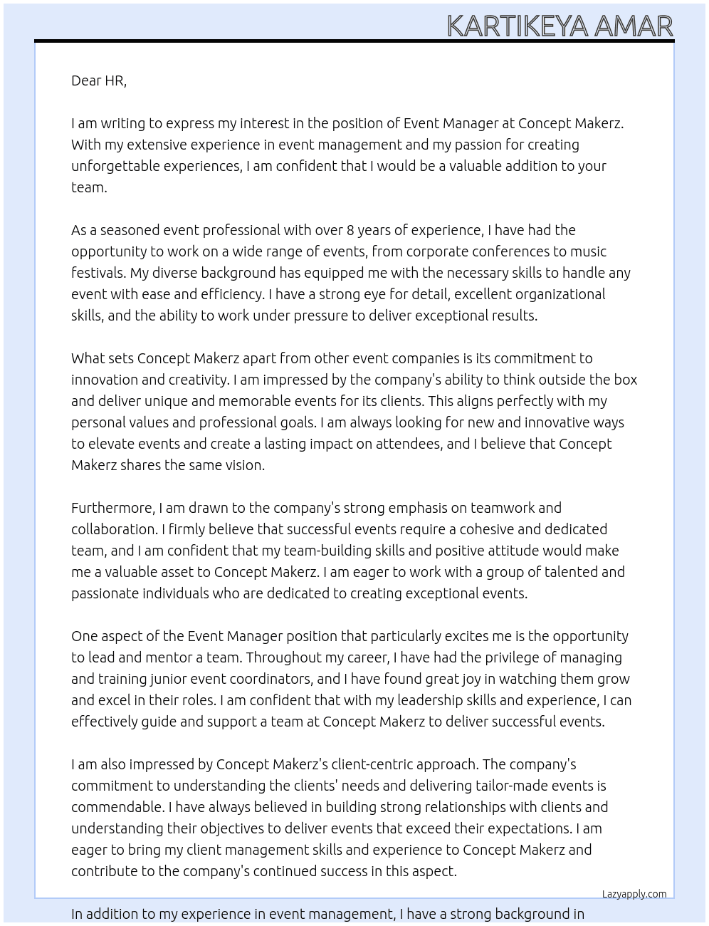Event Manager At Concept Makerz Cover Letter