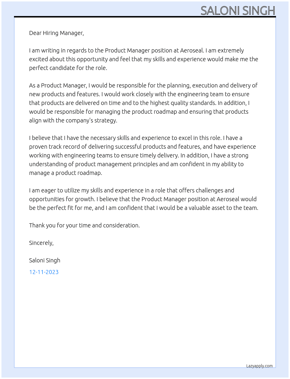 Product Manager At Aeroseal Cover Letter