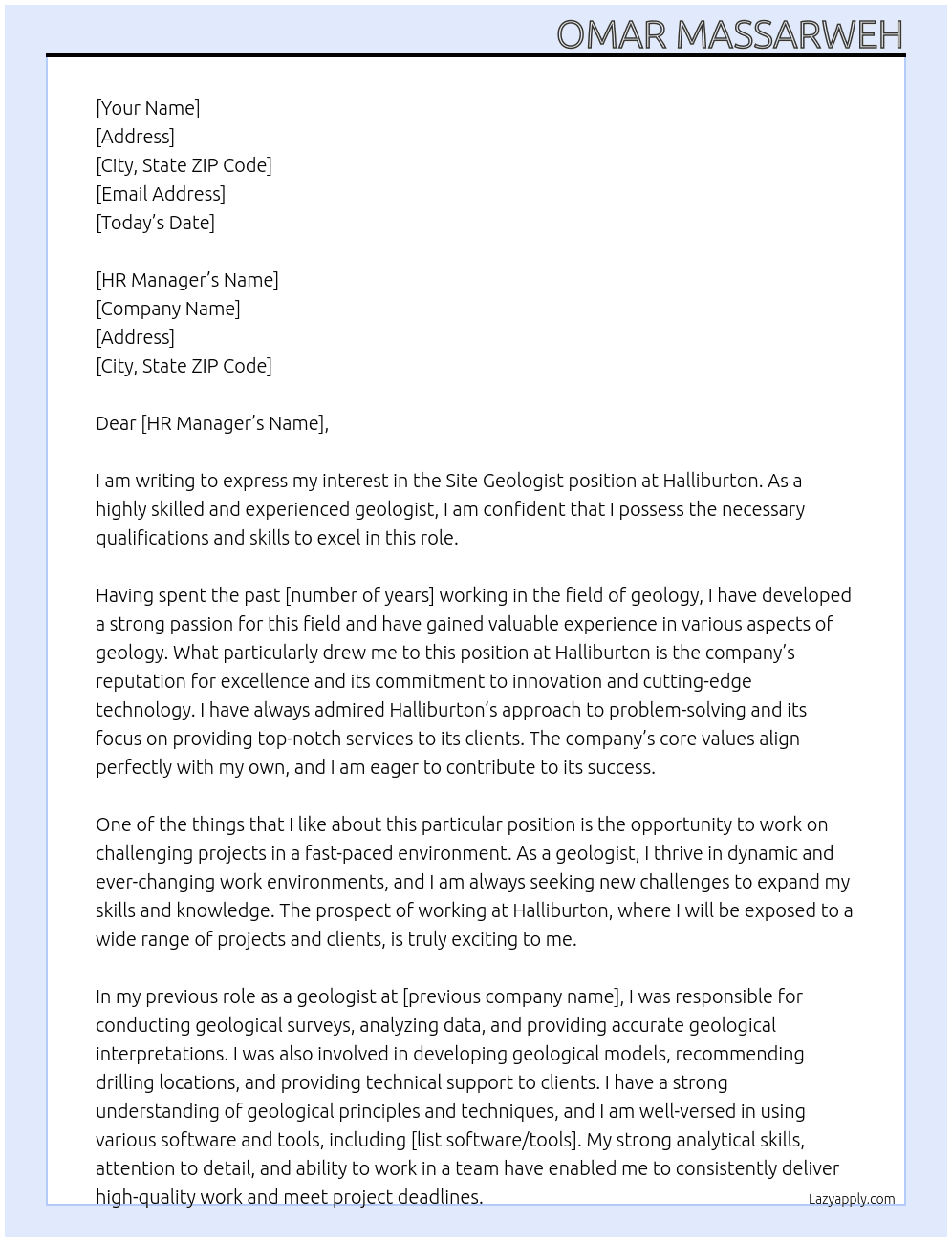 Site geologist  At Halliberton Cover Letter