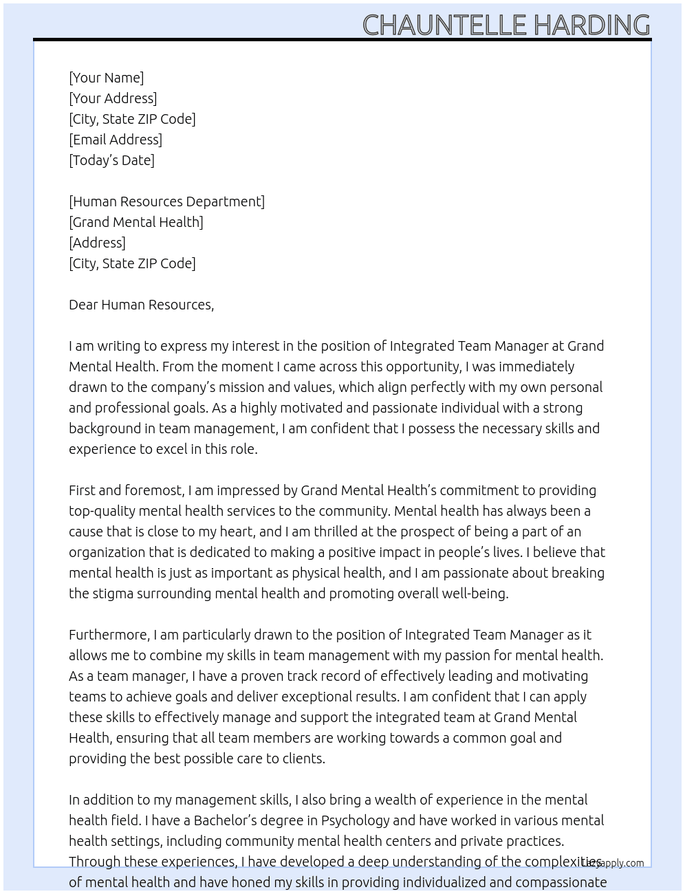 Integrated Team Manager At Grand Mental Health Cover Letter