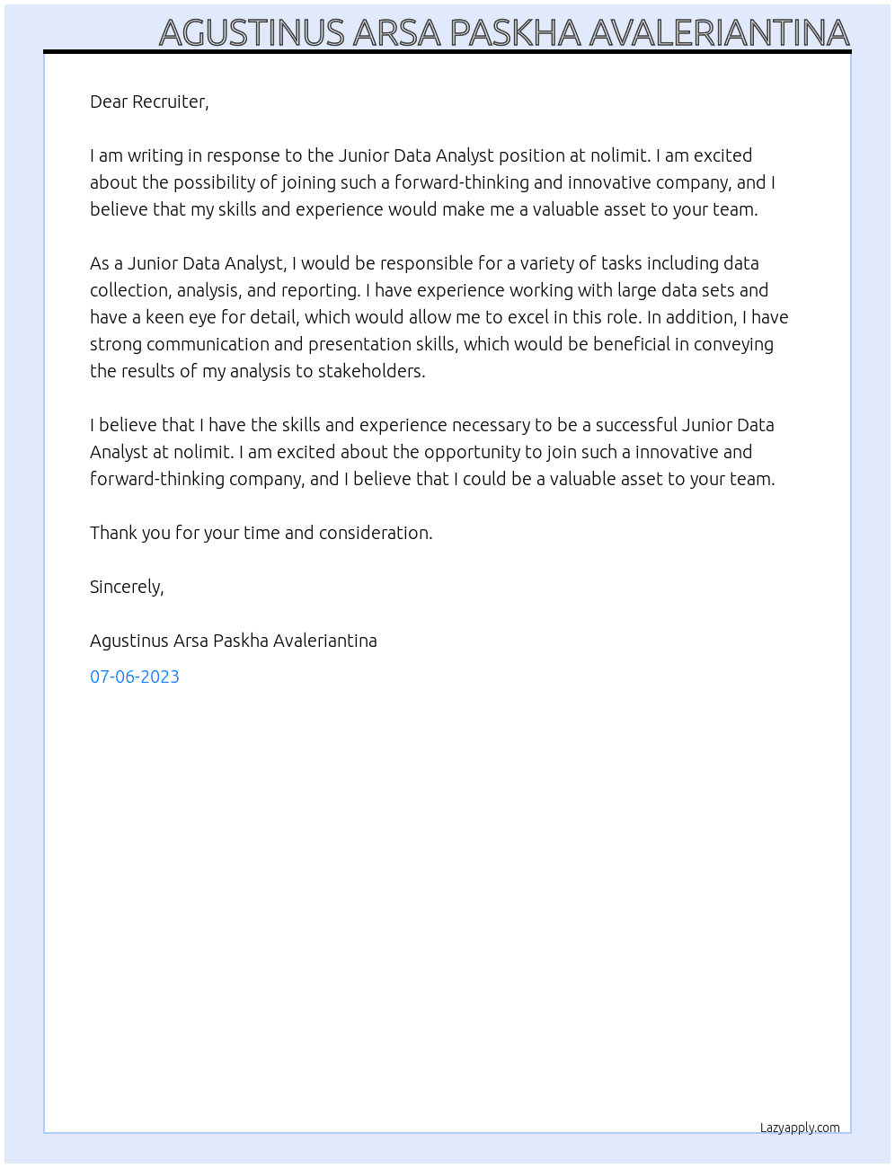 Junior Data Analyst At nolimit Cover Letter