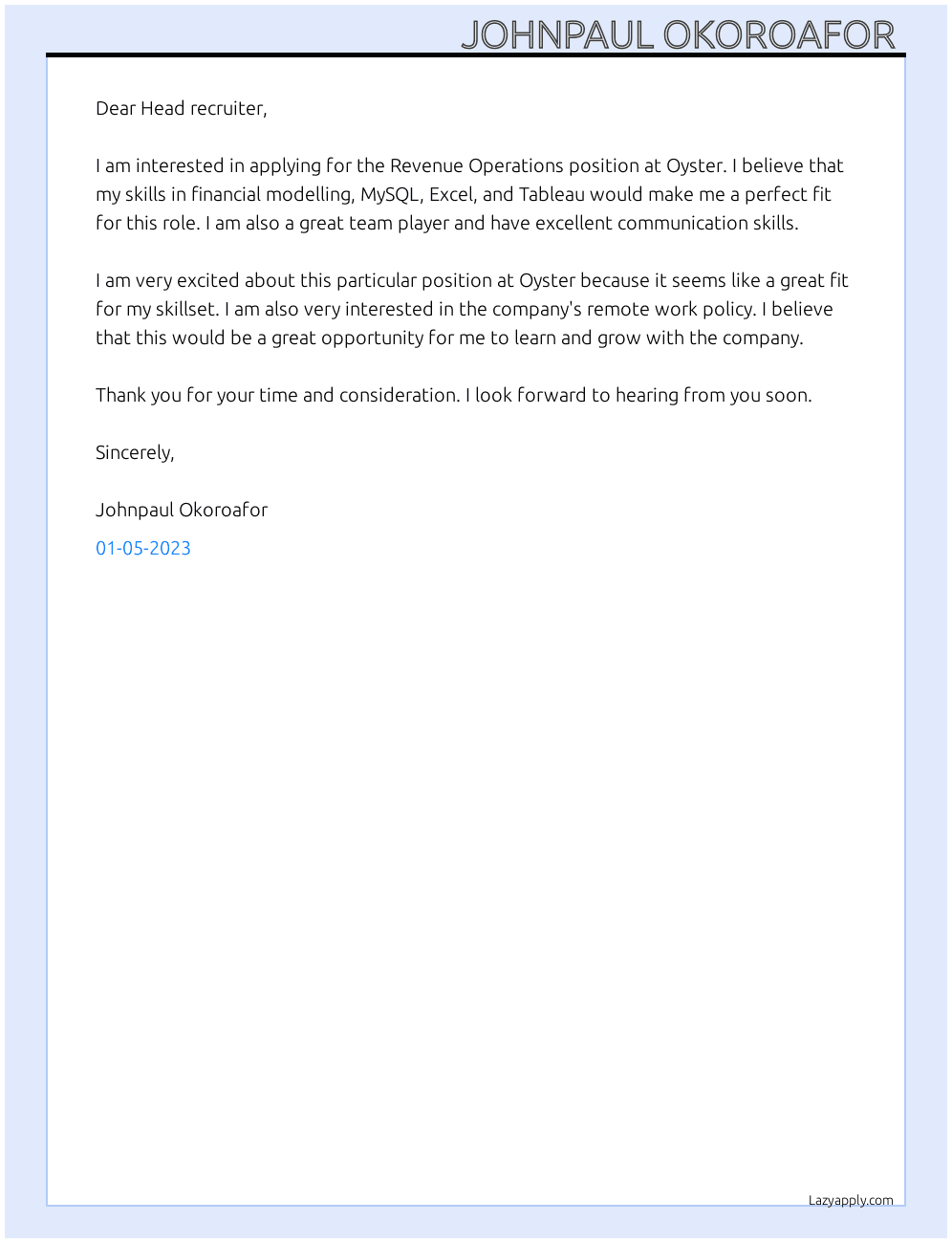 Revenue Operations  At Oyster Cover Letter