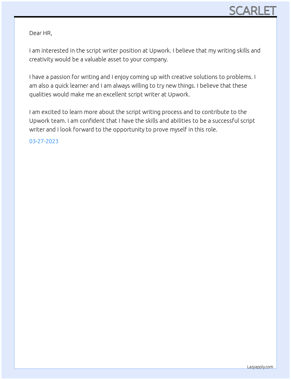 Script writer At Upwork Cover Letter