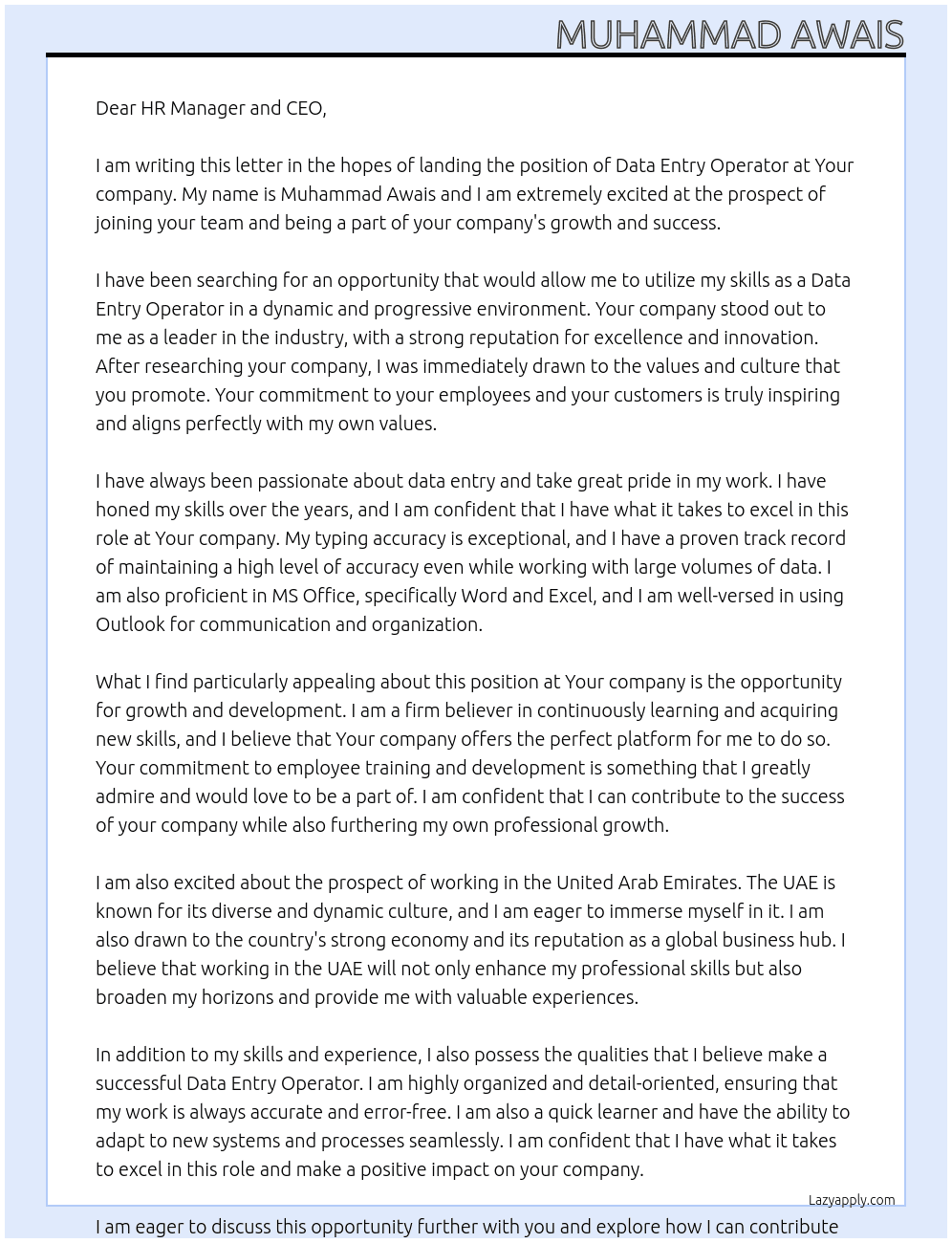Data Entry Opreator At Your Cover Letter