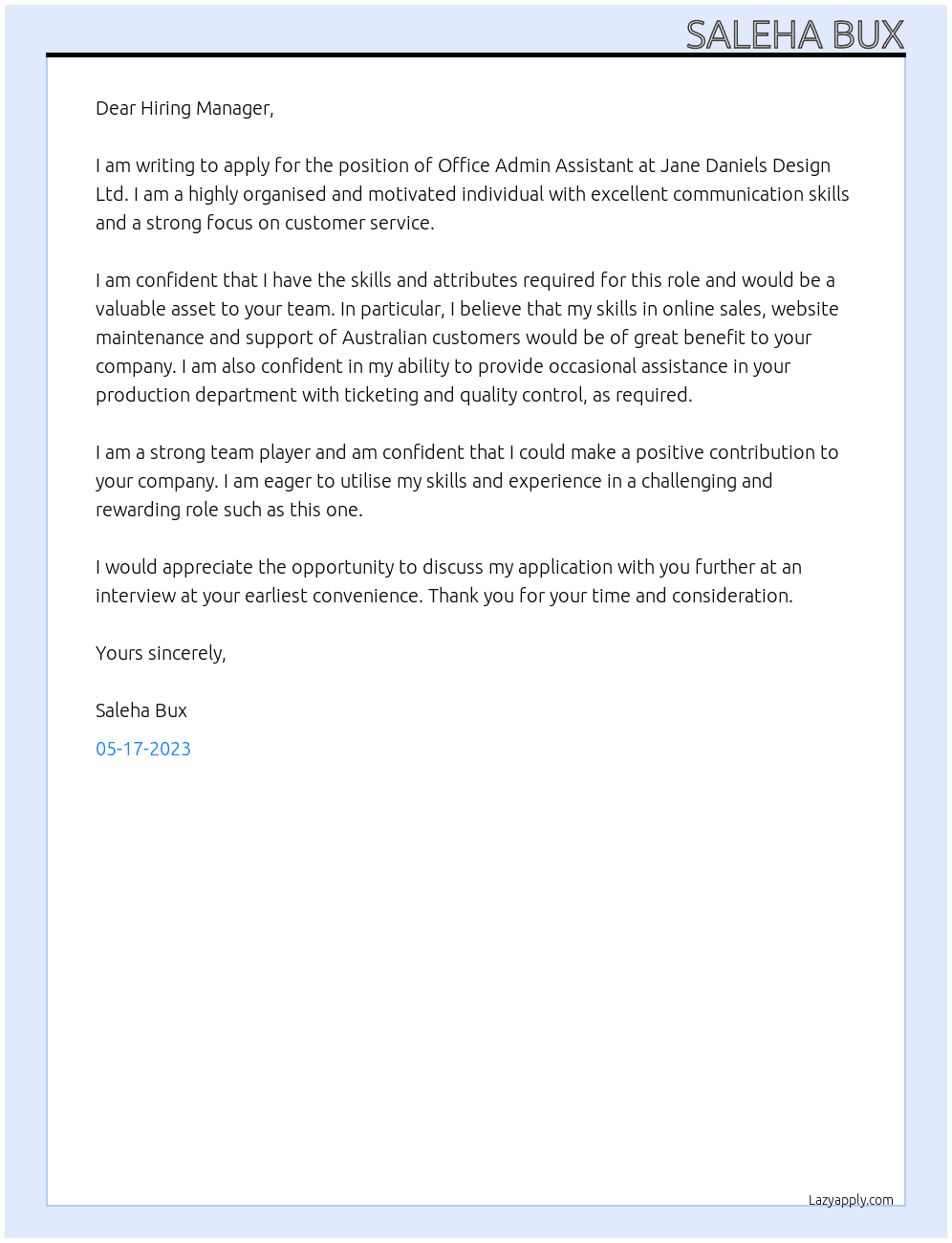 OFFICE ADMIN ASSISTANT At JANE DANIELS DESIGN LTD Cover Letter
