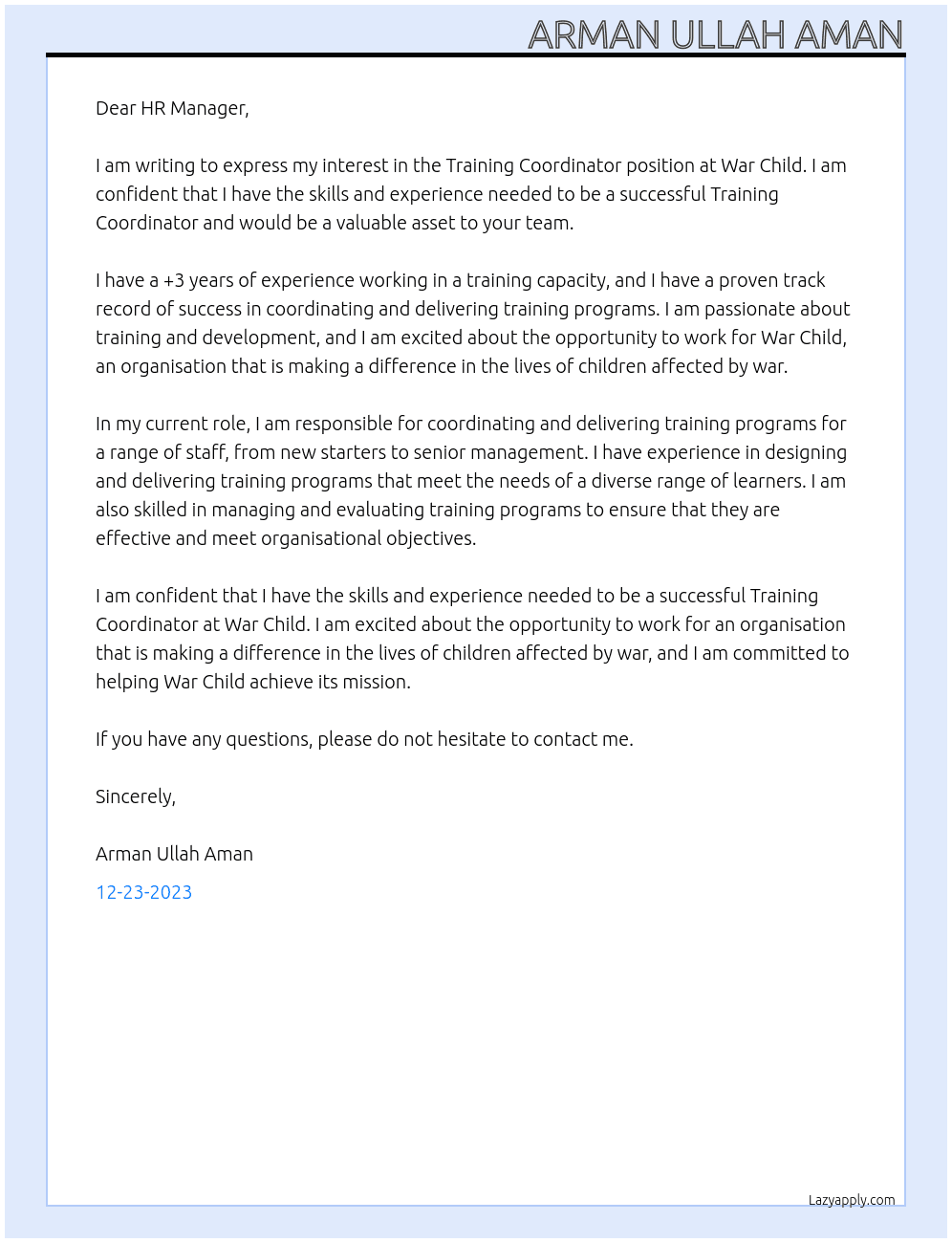 Training Coordinator At War Child Cover Letter