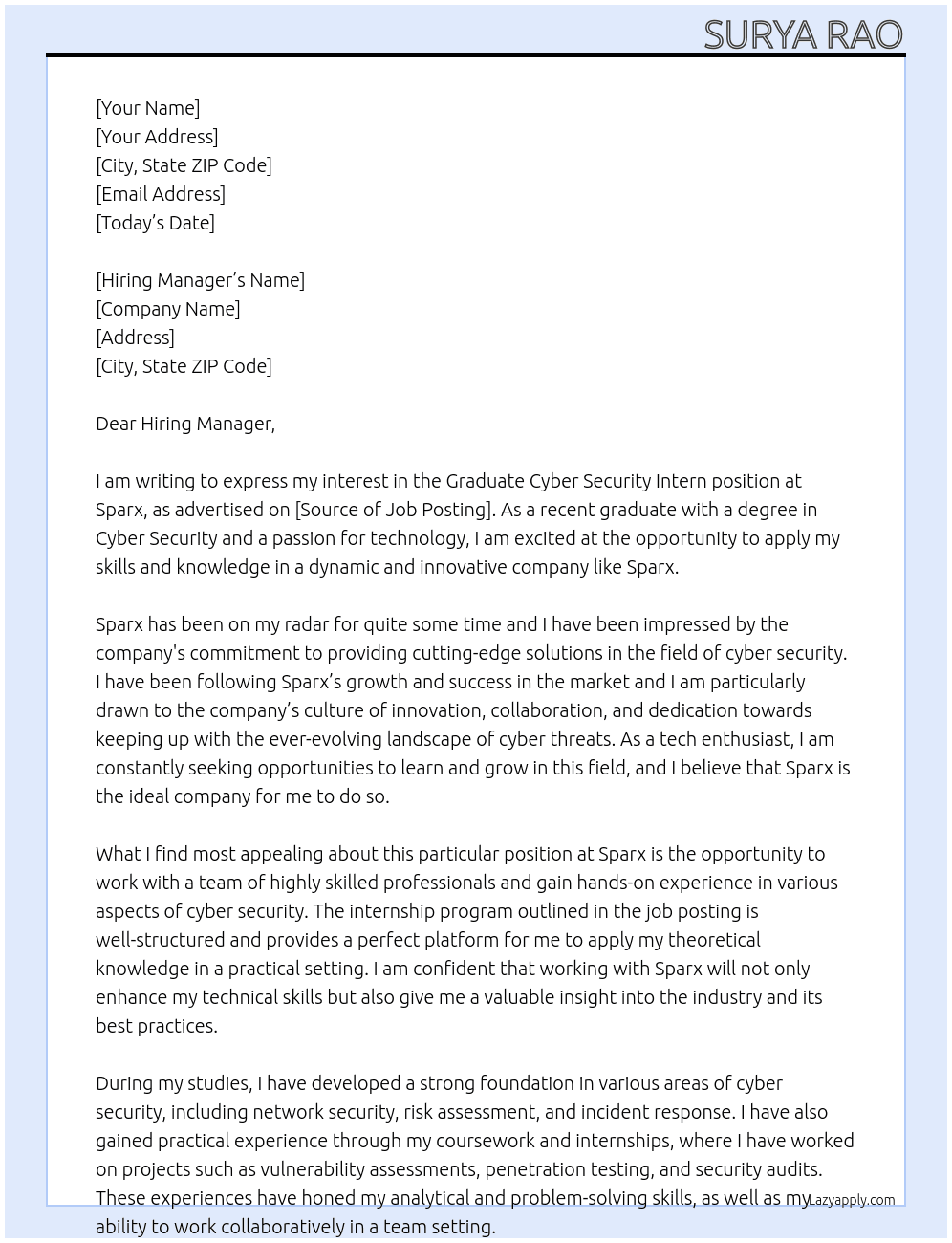 Graduate Cybser Security Intern At Sparx Cover Letter