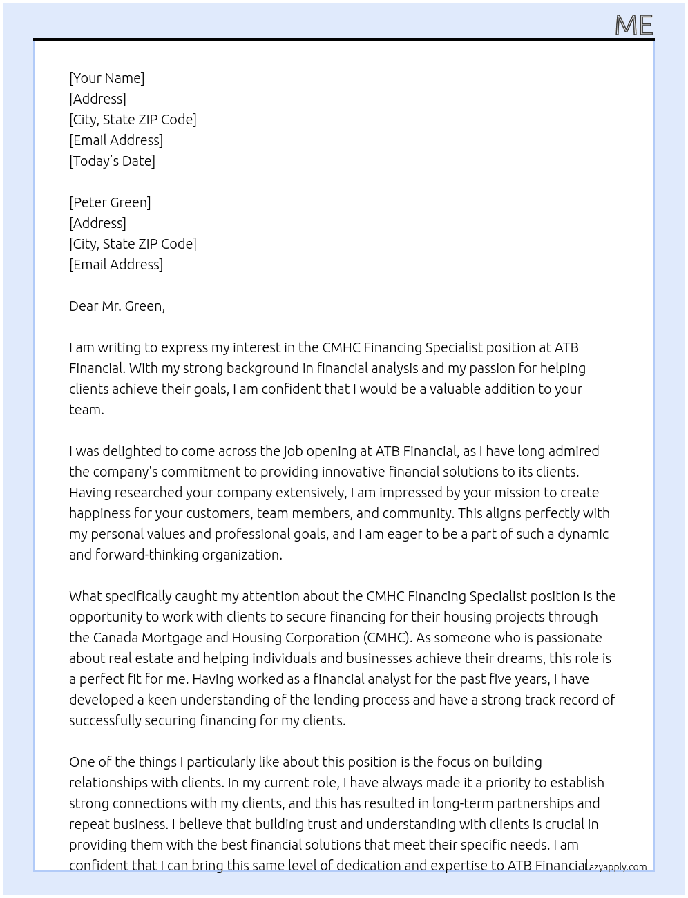CMHC FInancing Specialist At ATB Financial Cover Letter