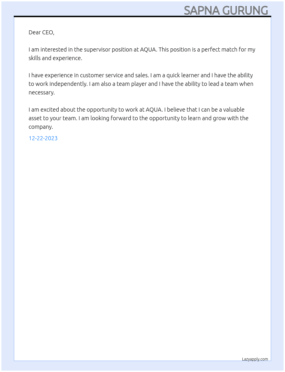 Supervisor  At AQUA Cover Letter