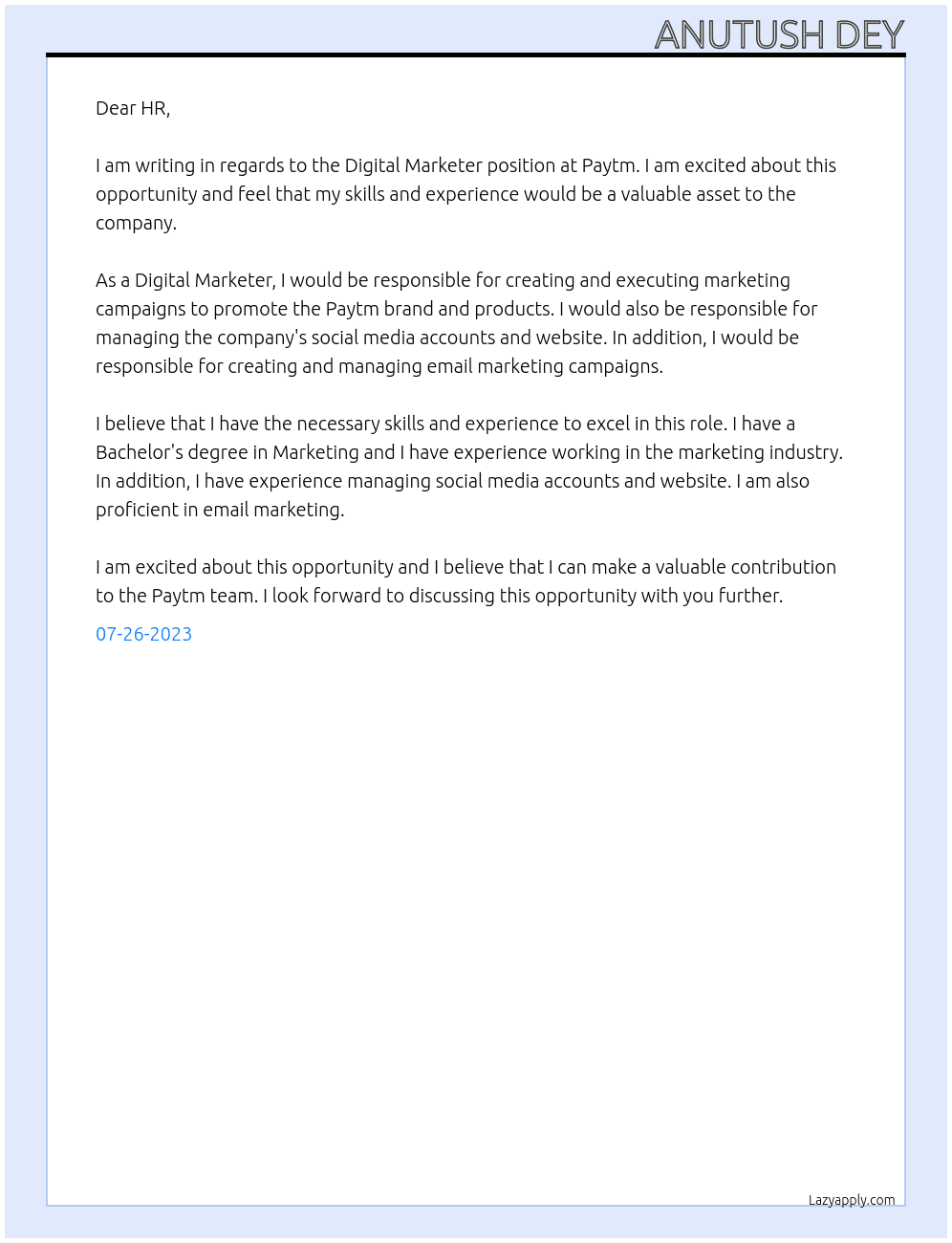 Digital marketer At Paytm Cover Letter