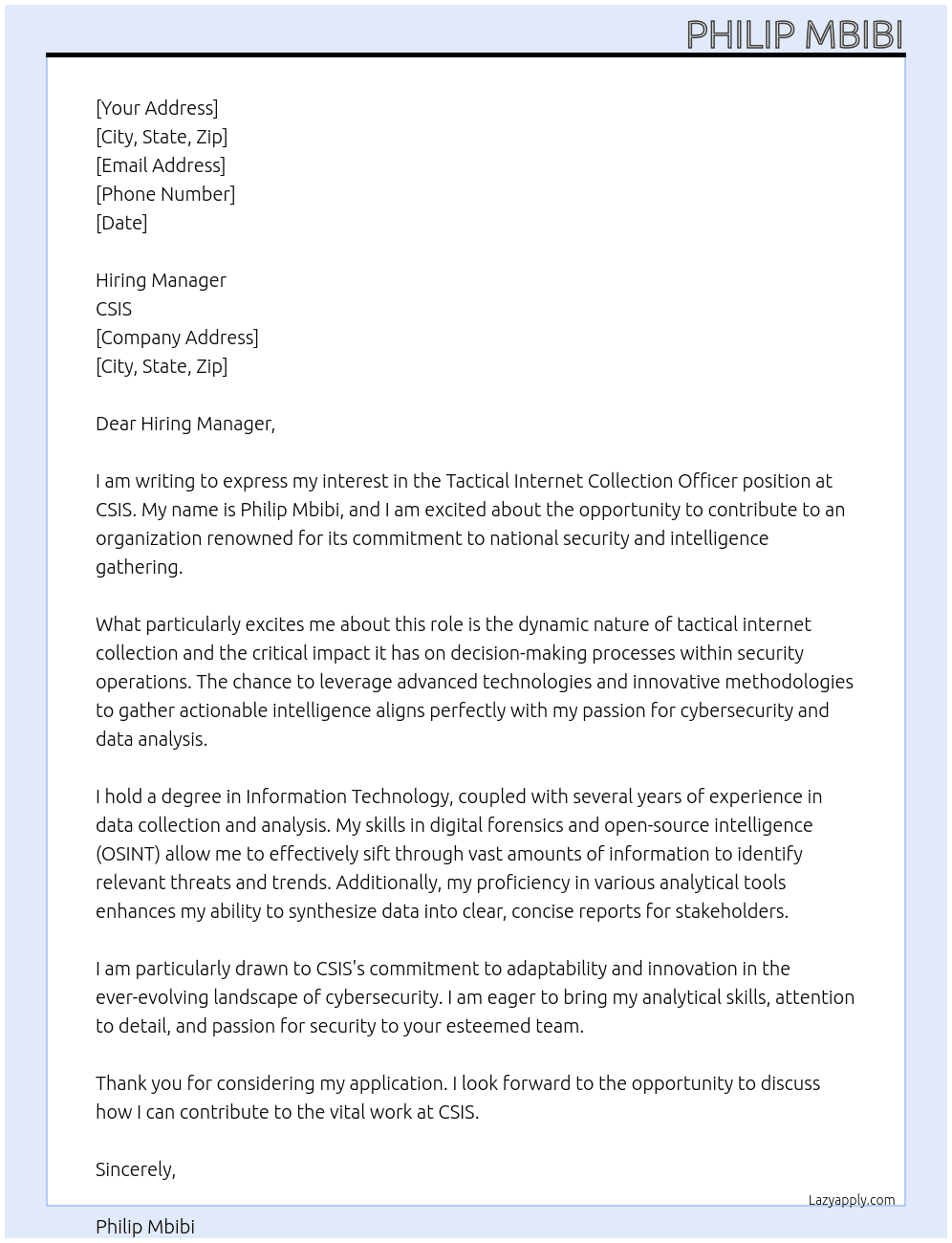 Tactical Internet Collection Officer At CSIS Cover Letter