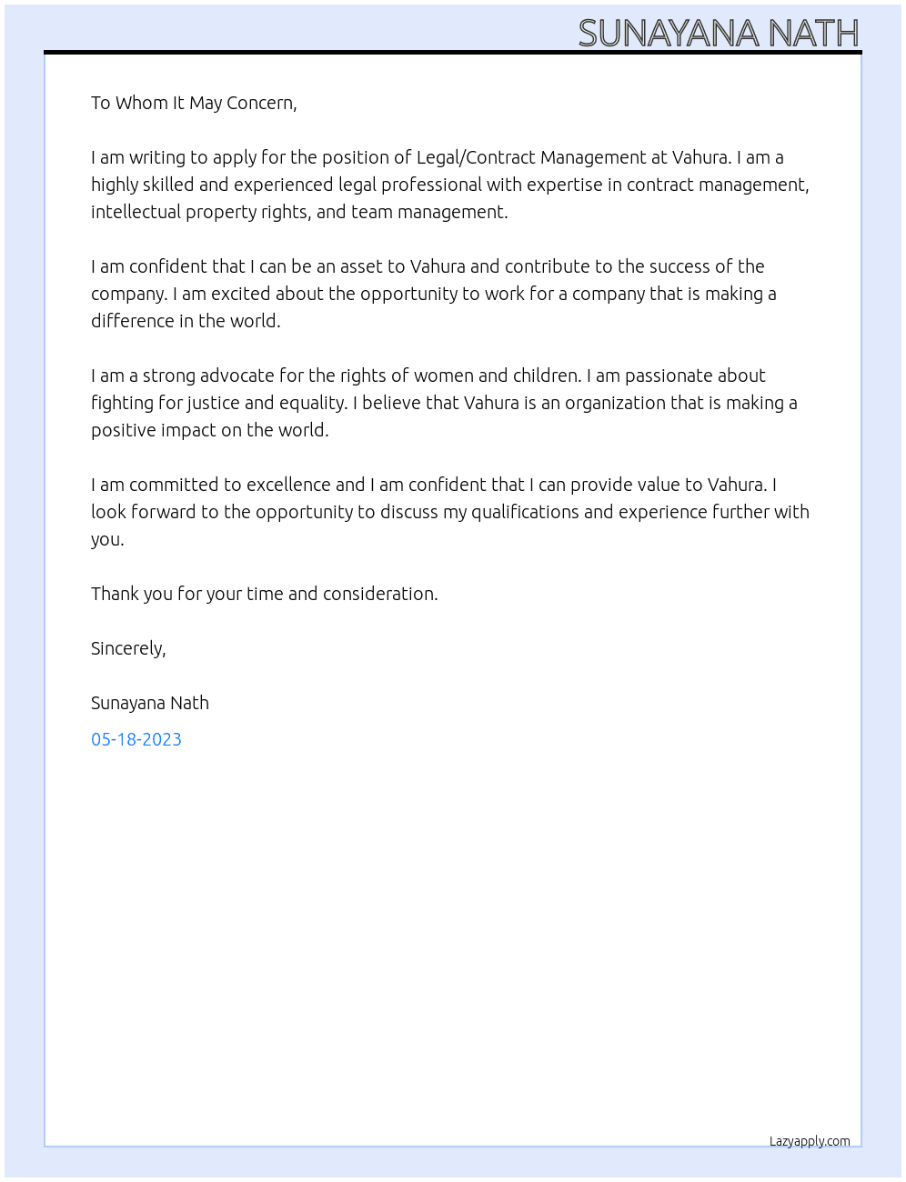 Legal/Contract management  At Vahura Cover Letter