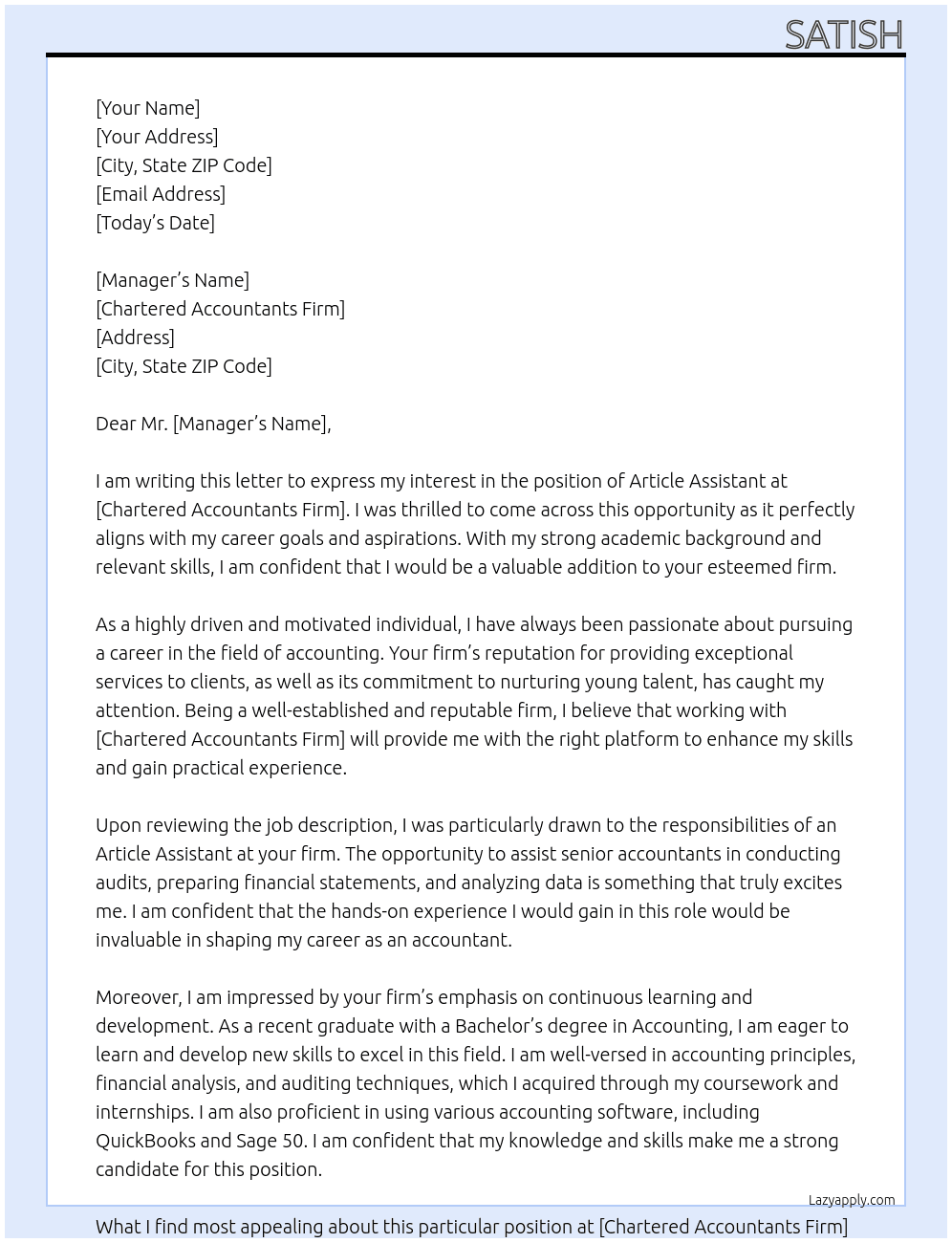 Cover letter for artical assistant - LazyApply