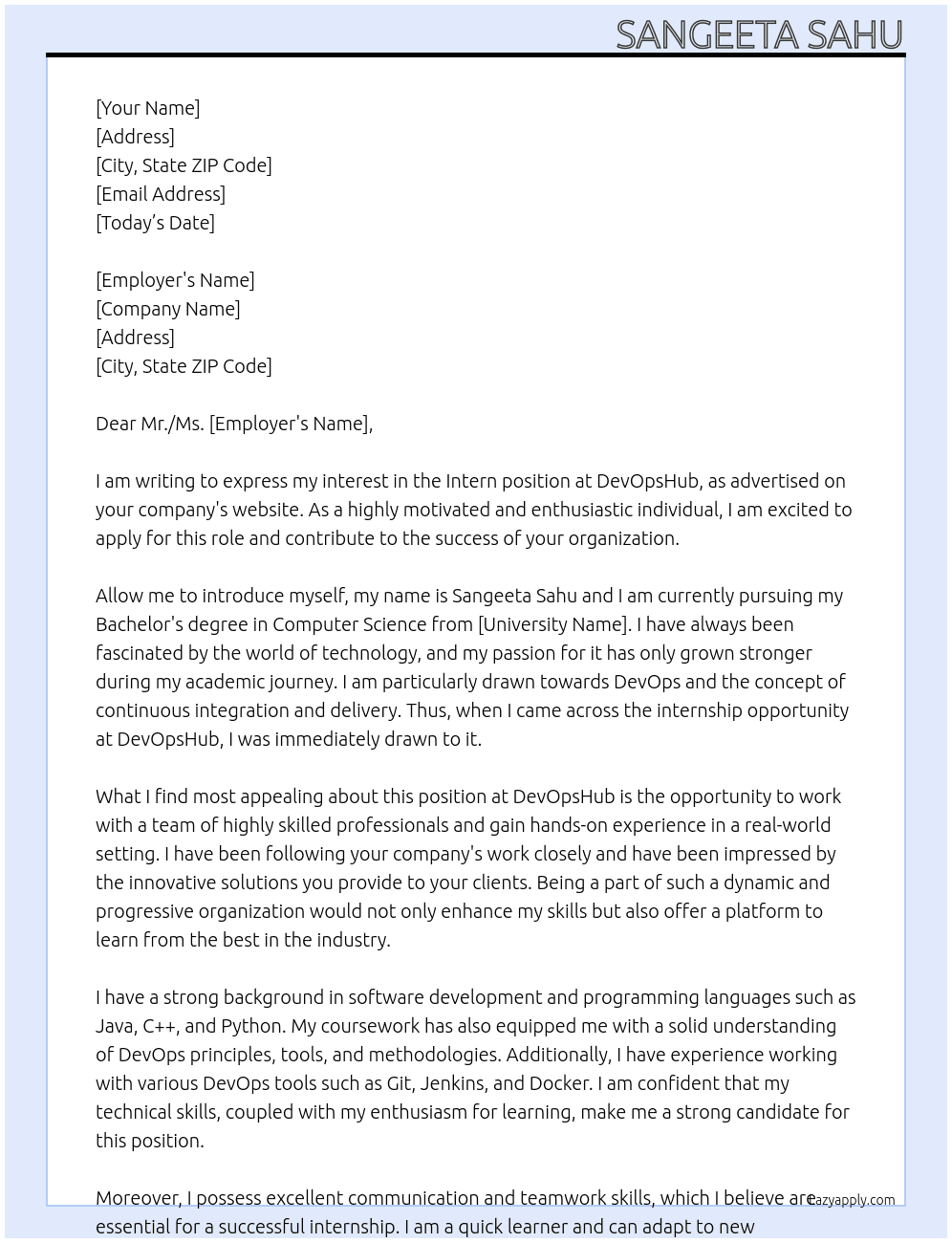 Intern At DevOpsHub Cover Letter