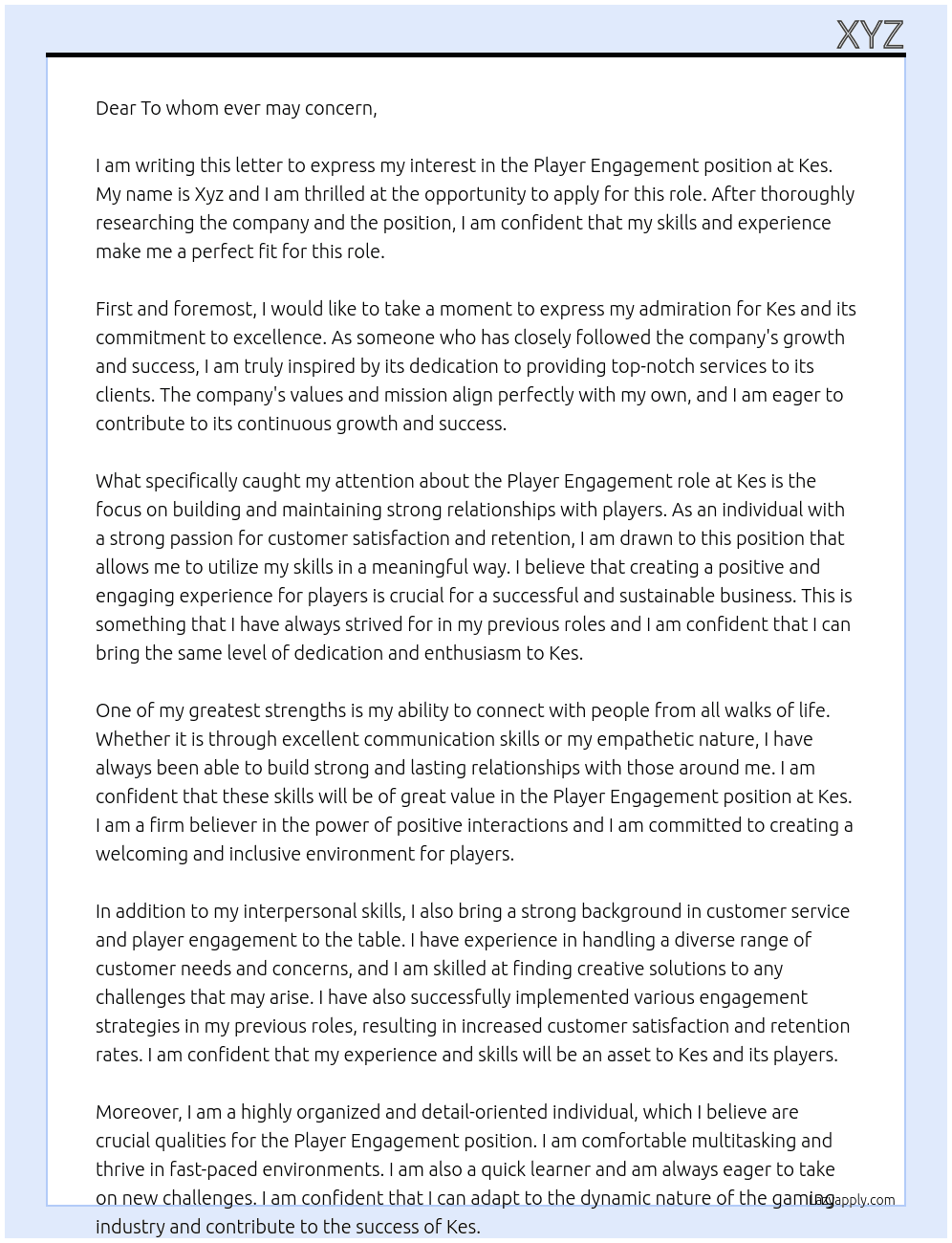 Player engagement At Kes Cover Letter