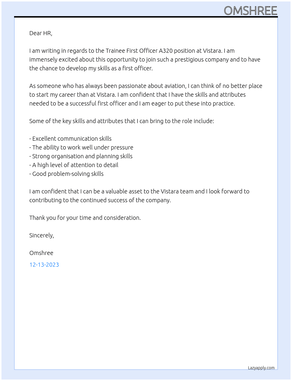 trainee first officer A320 At vistara Cover Letter