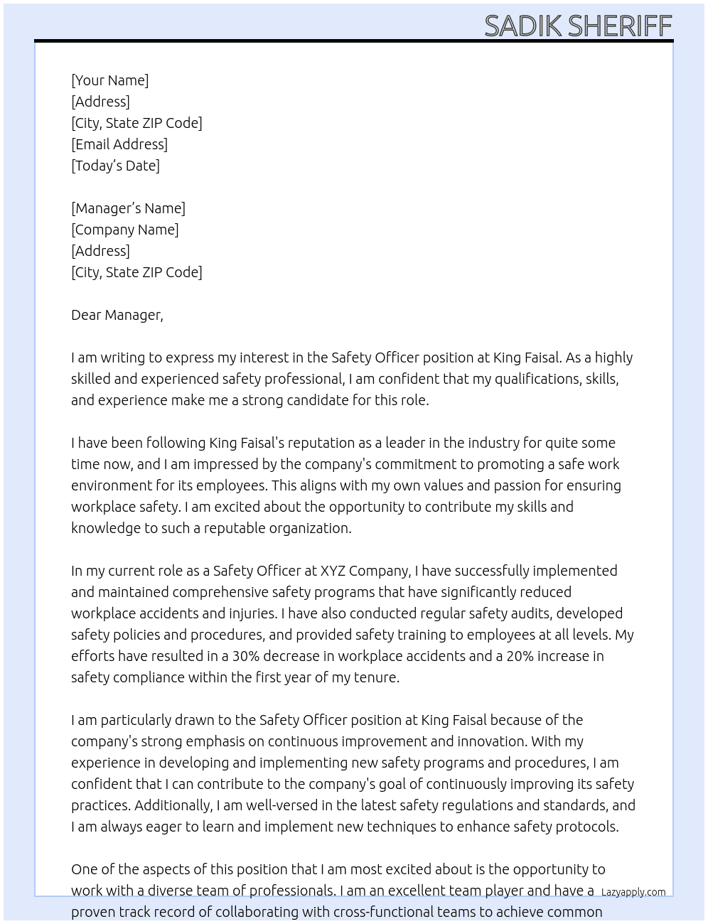 Safety Officer At King Faisal Cover Letter