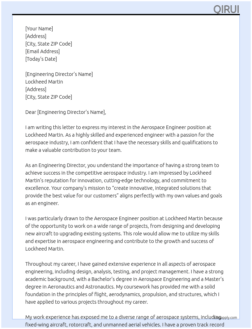 Aerospace engineer At Lockheed Martin Cover Letter
