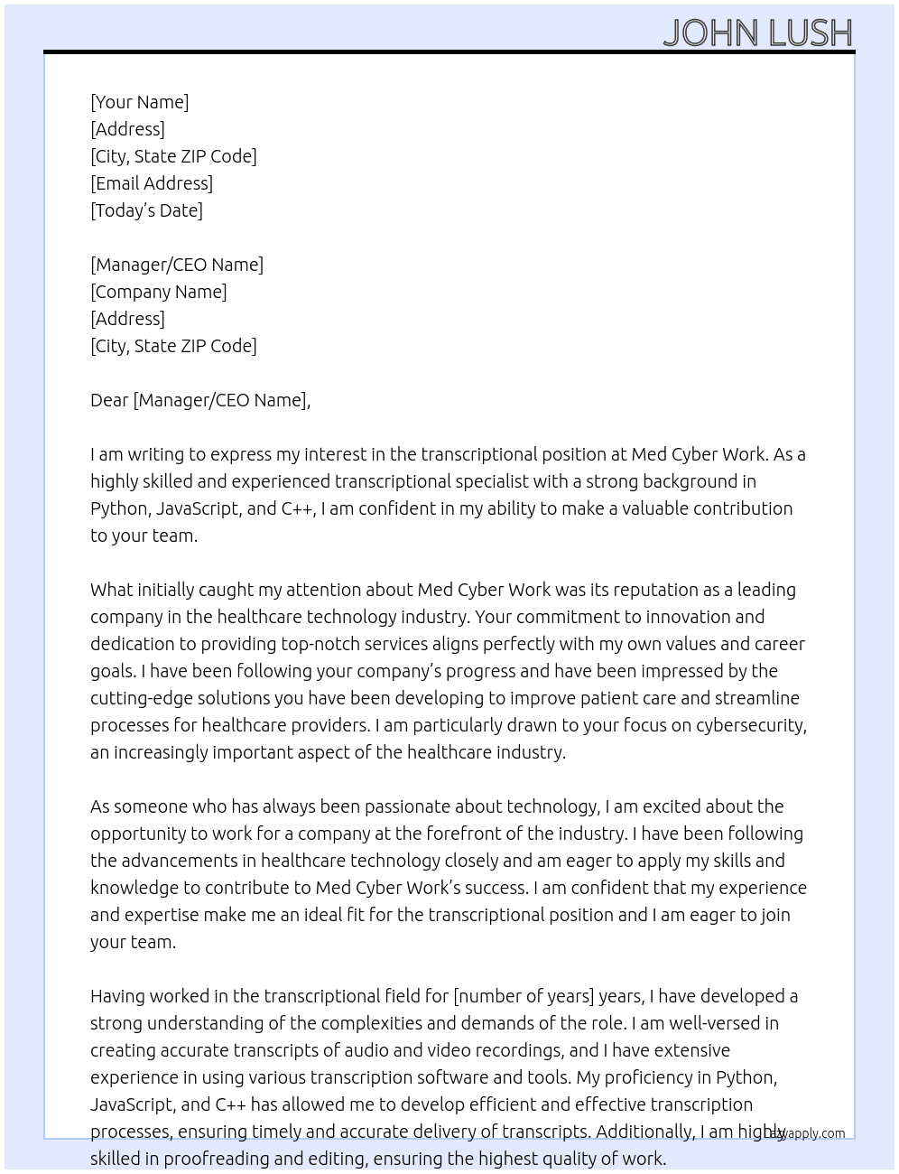 transcriptional At Med Cyber work Cover Letter