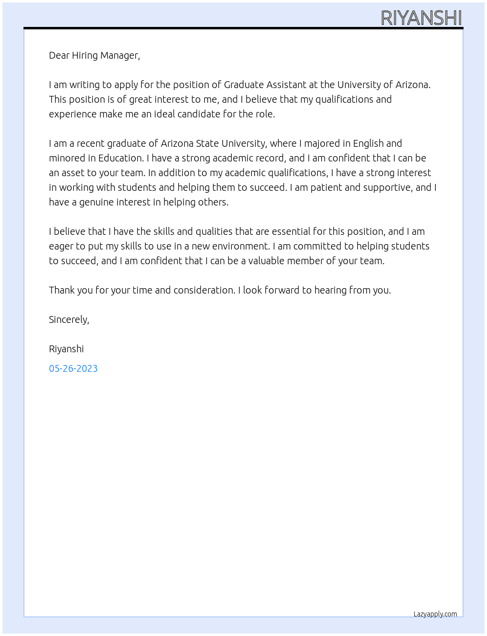 Graduate Assistant At University of Arizona Cover Letter
