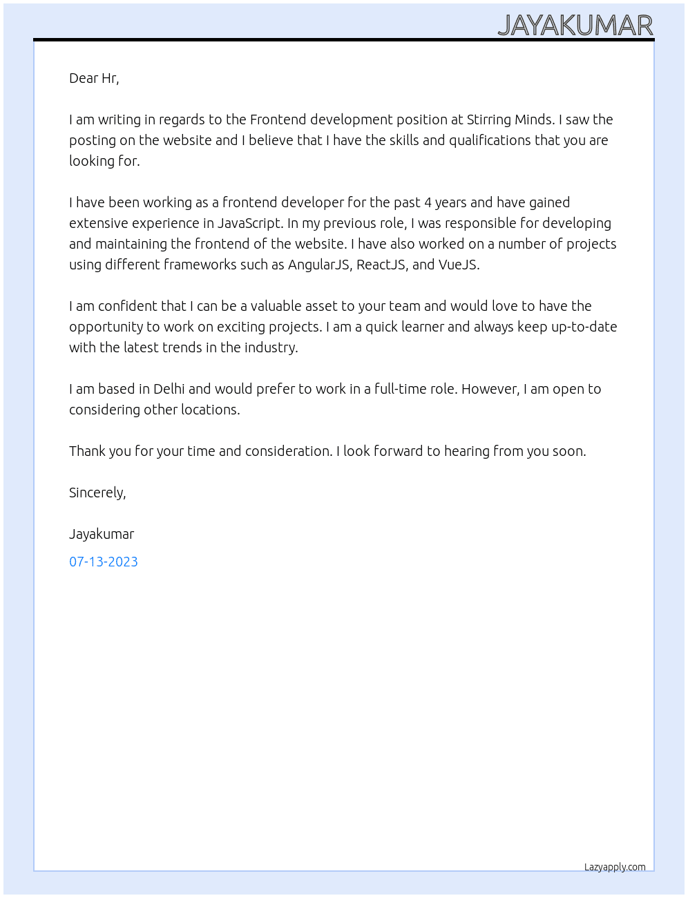 Frontend development At Stirring Minds Cover Letter