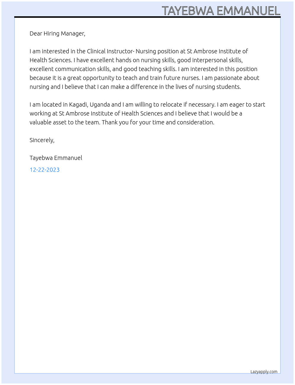 Clinical instructor- Nursing At St Ambrose institute of Health sciences Cover Letter