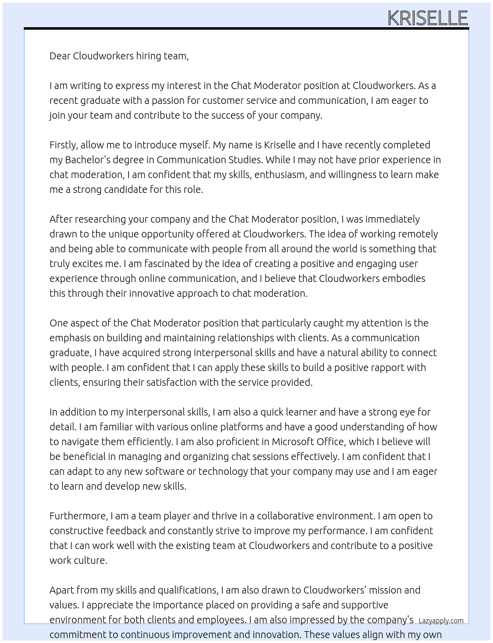 Chat moderator without experience  At Cloudworkers Cover Letter