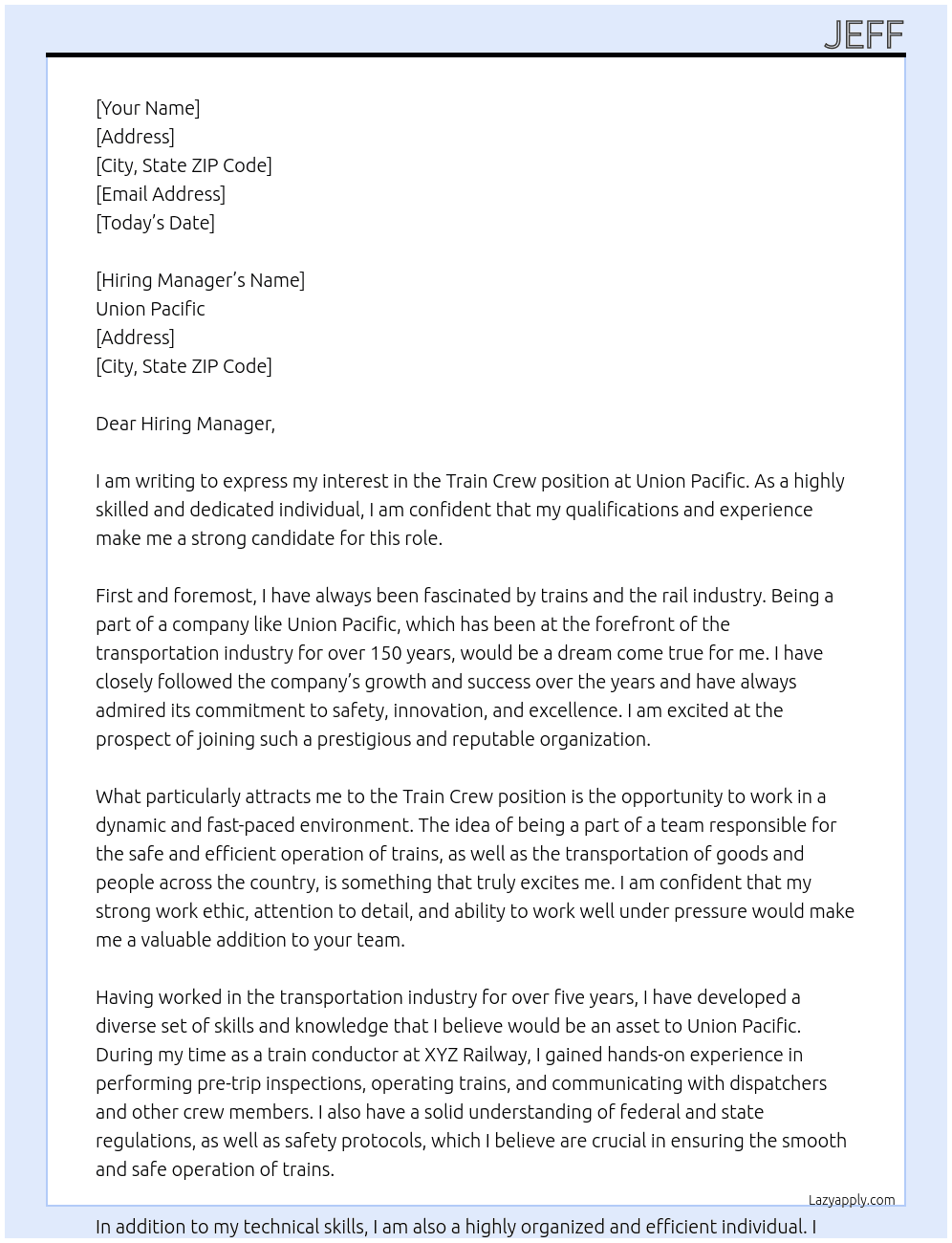 Train Crew At Union Pacific Cover Letter