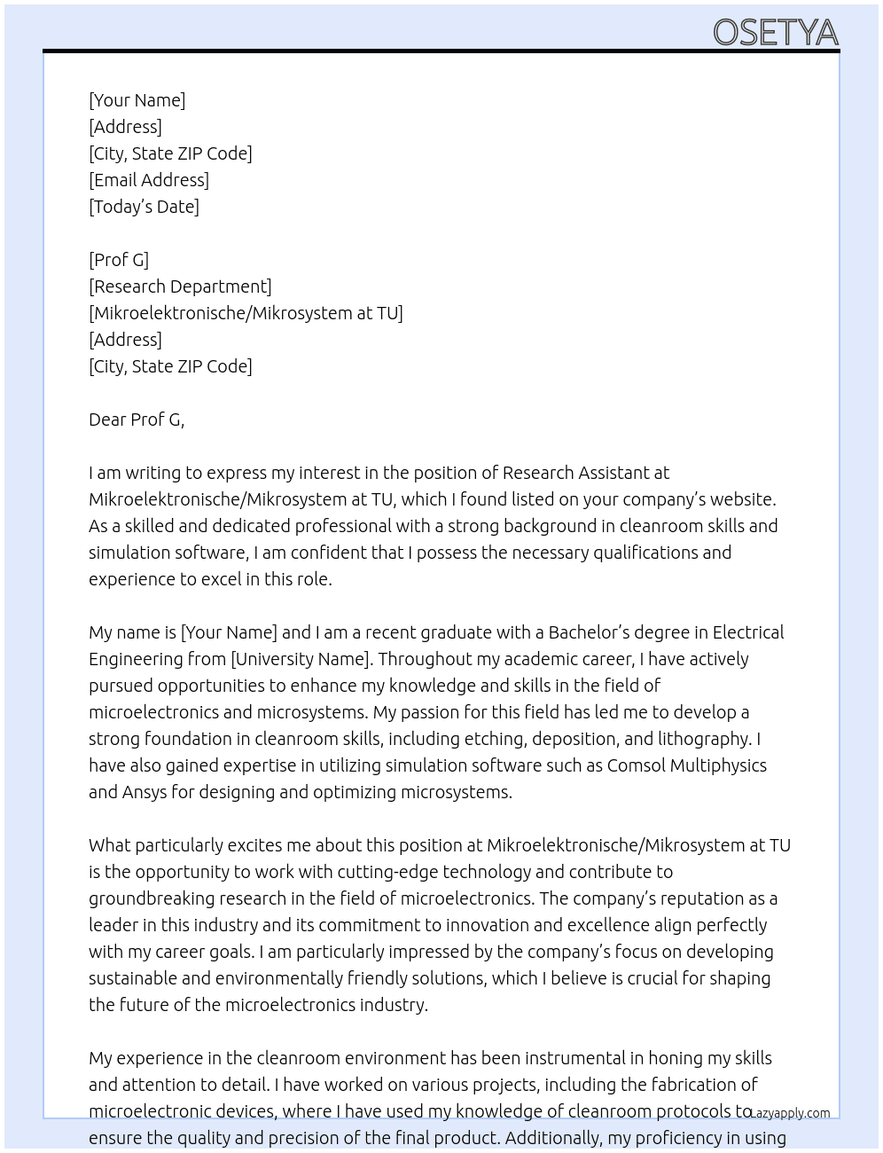 research assistant At mikroelektronische/mikrosystem at TU Cover Letter