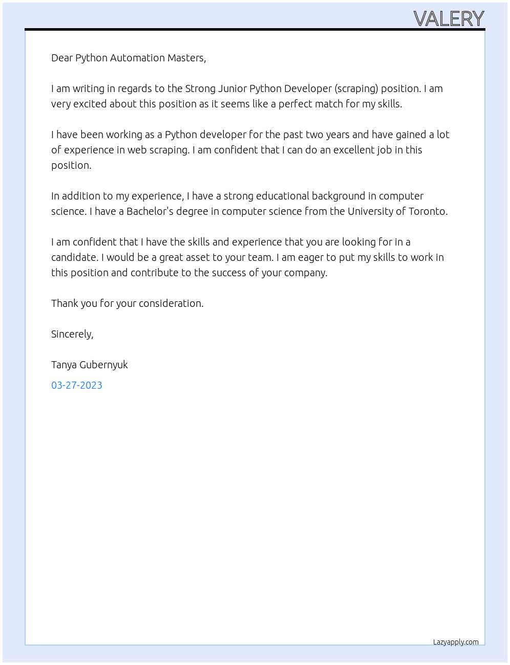 Strong Junior Python Developer (scraping) At Python Automation Masters Cover Letter