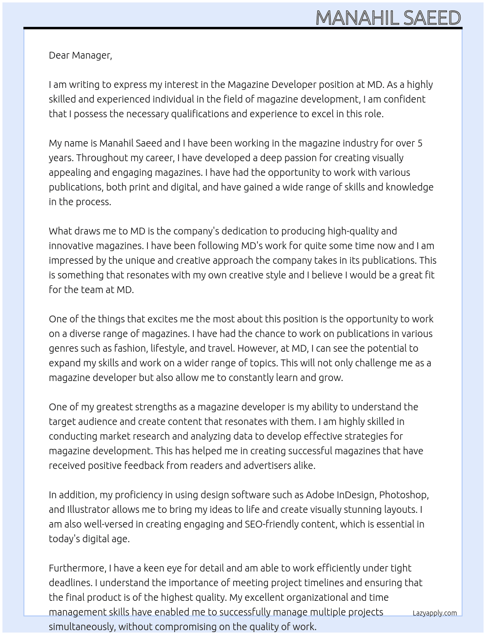 Magazine developer At MD Cover Letter
