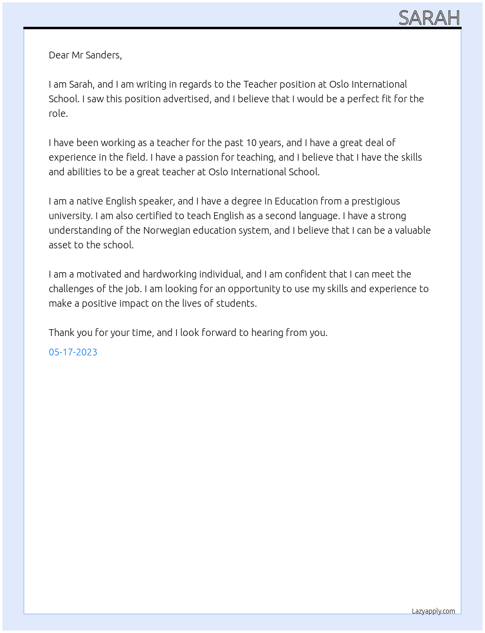 Teacher At Oslo International School Cover Letter